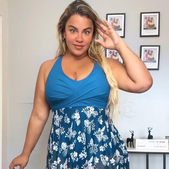 Womens Plus Size Swimsuit One Piece Bathing Suit Tummy Control Flowy Mesh Swim D - Picture 5 of 13